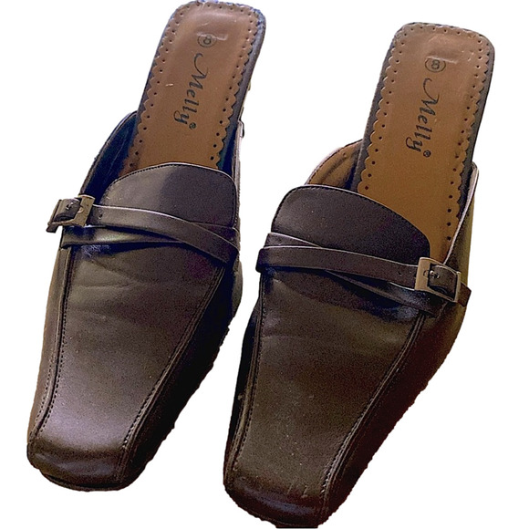 Women's Melly’s Heel Slip on Mules Shoes Brown Leather 2 “ Block Kitten Heels 8 - Picture 3 of 9